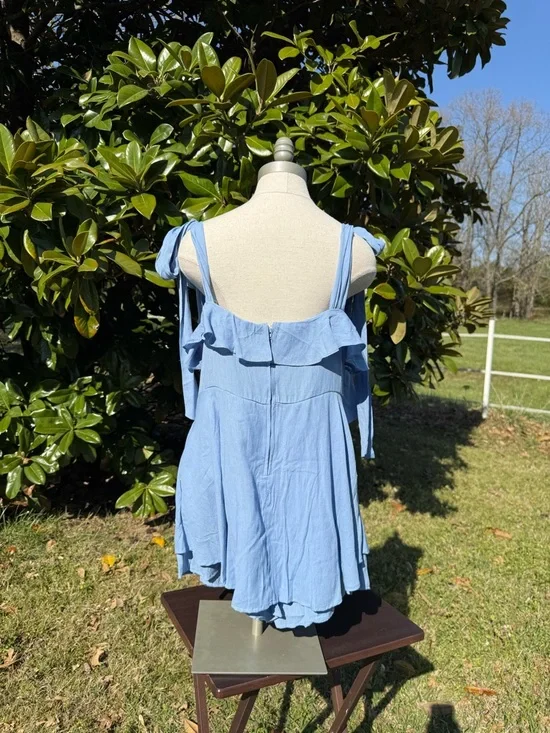Francesca's Collections Blue Tie-Shoulder Ruffle Romper - Picture 3 of 4